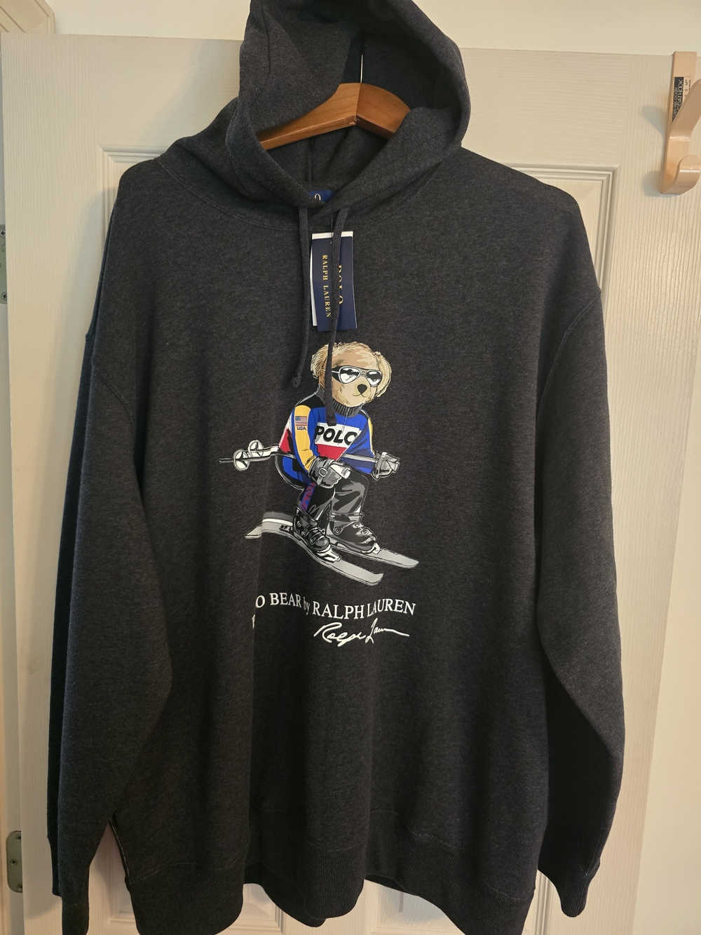 Ralph Lauren Charcoal Hoodie with Skiing Bear Graphic. 2XB. New With Tags